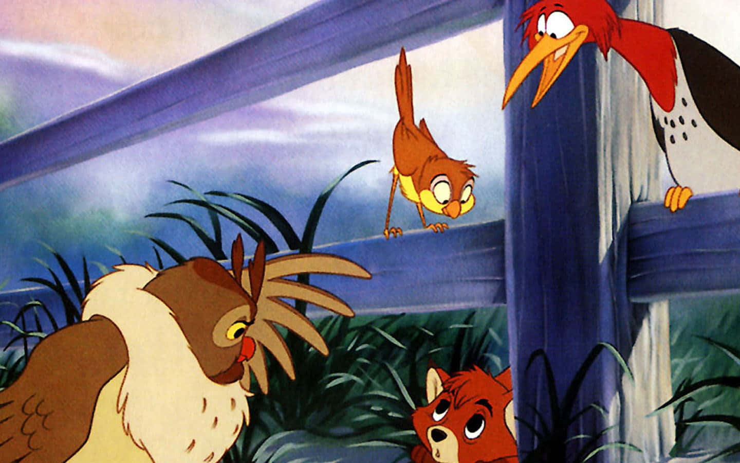 the fox and the hound 桌布 壁紙 — 經典動畫場景，啄木鳥、貓頭鷹和狐狸抬頭看著柵欄柱上的一隻小鳥。