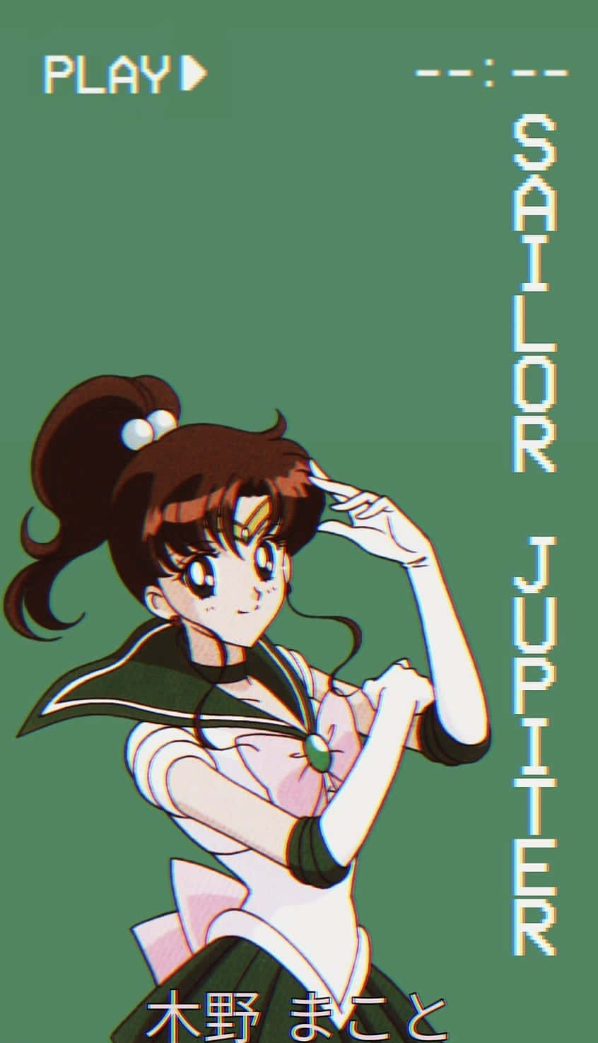 穿著制服的 Sailor Jupiter 動畫角色敬禮，帶有遊戲界面文字。