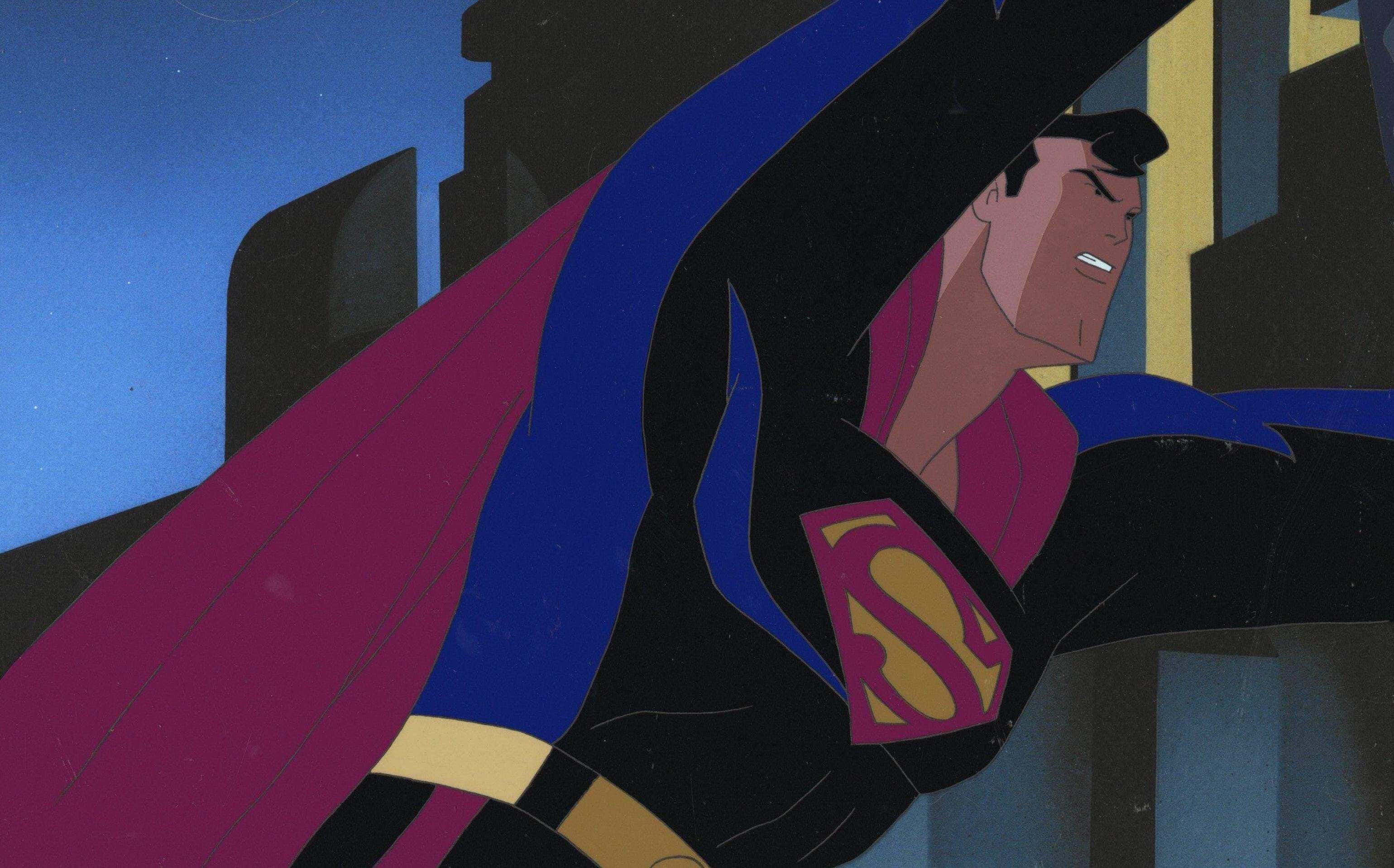 Superman The Animated Series 桌布 壁紙 — 經典動畫風格的超人，以鮮豔色彩和戲劇性燈光，動感地飛過風格化的城市景觀。