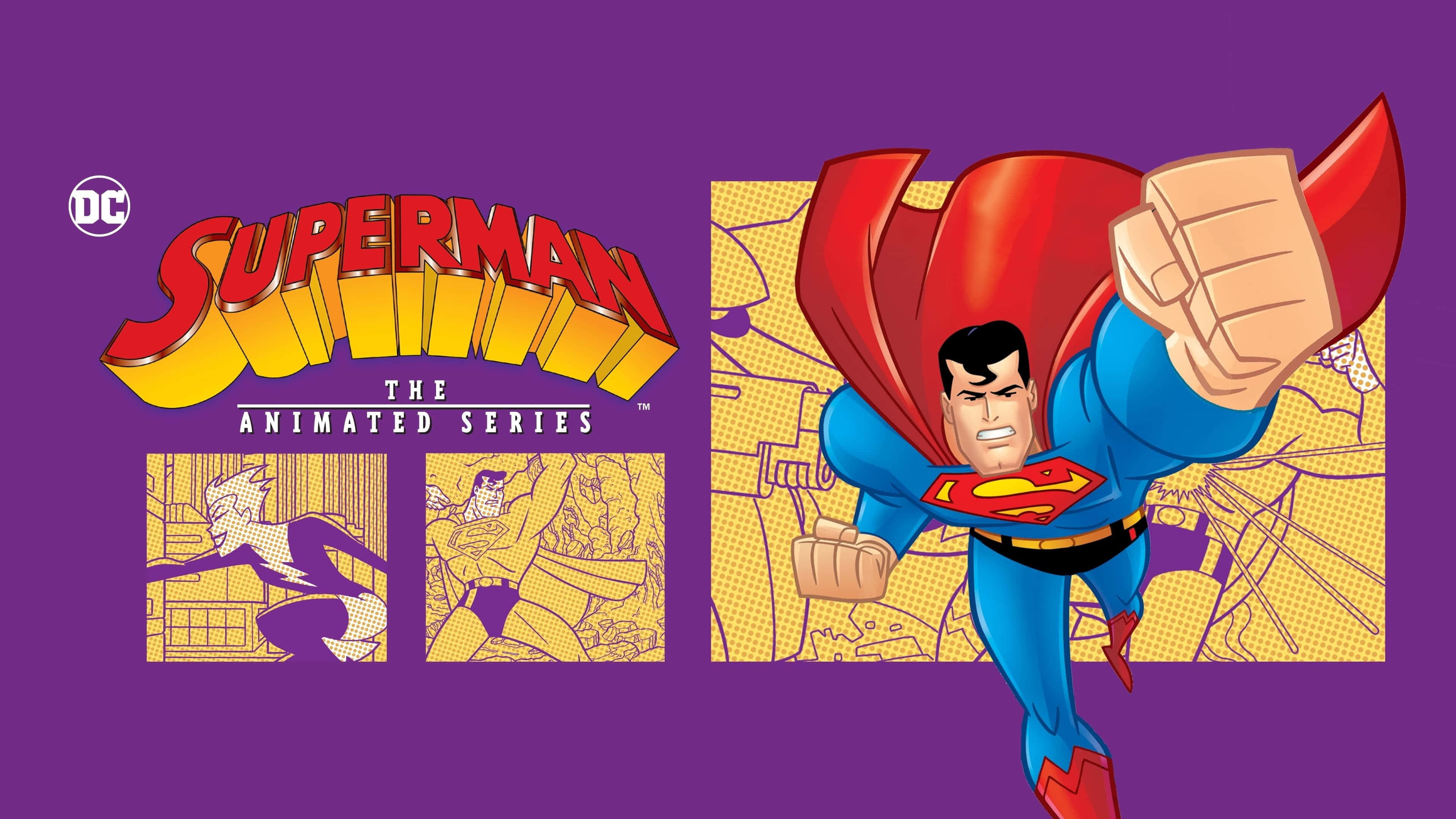 Superman The Animated Series 桌布 壁紙 — 經典動畫風格的超人，在紫色背景上帶有漫畫面板和標題標誌，向前出拳。