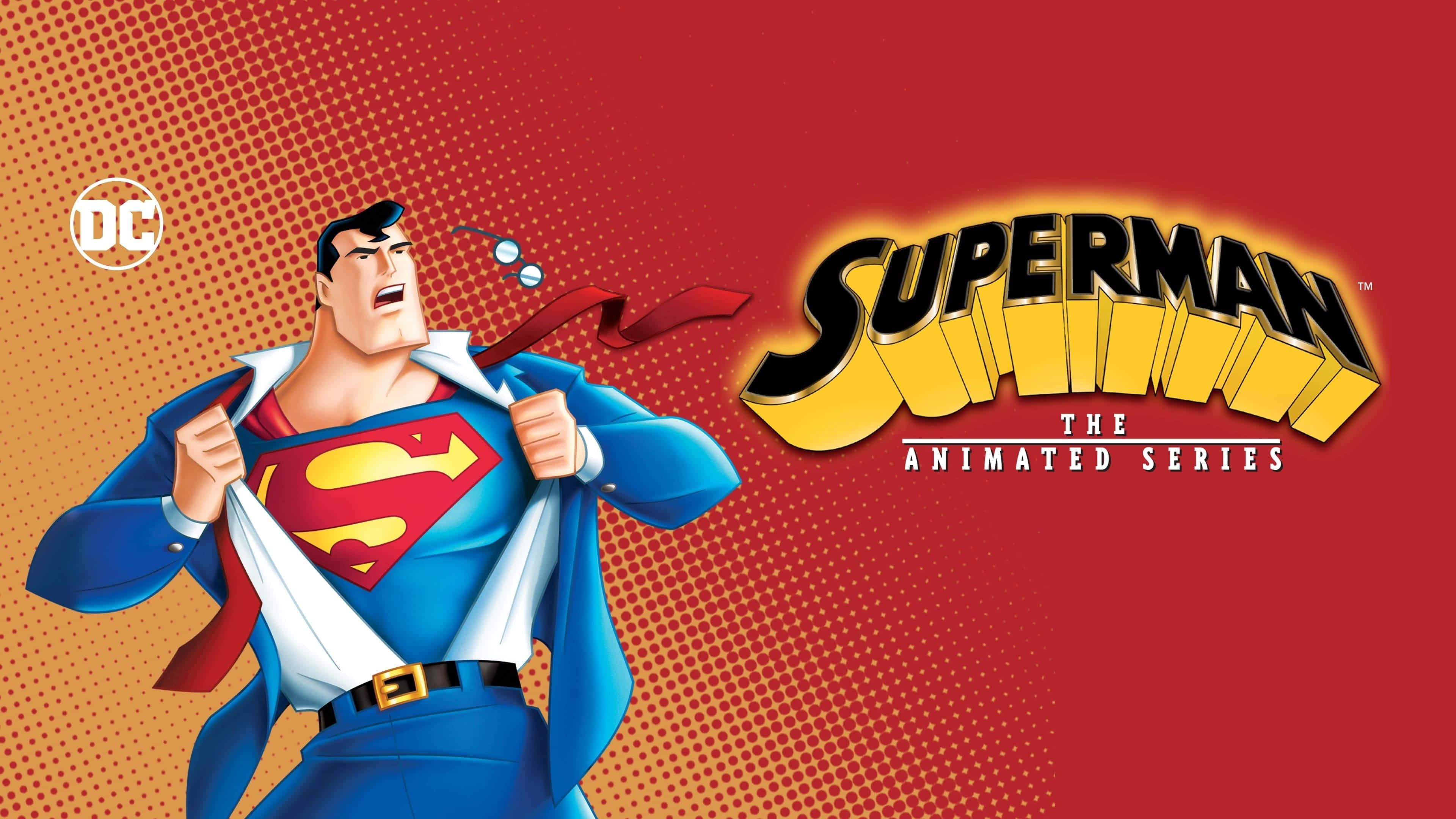 Superman The Animated Series 桌布 壁紙 — 經典動畫風格的超人戲劇性地展示其標誌性紅藍戰衣，背景為大膽的紅橙色半色調。
