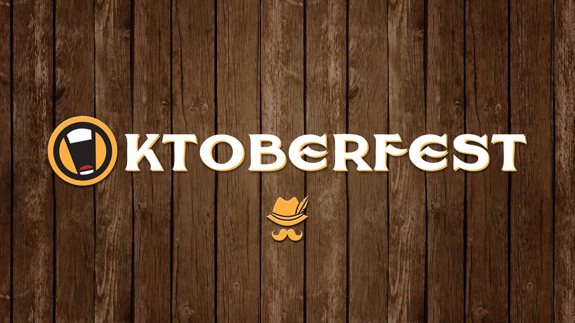 經典十月啤酒節橫幅 壁紙 — 大膽的 Oktoberfest 標誌，帶有啤酒杯和鬍子圖標，位於質樸的木板上。