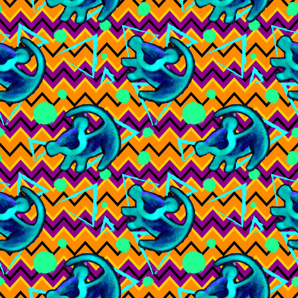 藍綠色恐龍輪廓在鋸齒狀橙色紫色背景上，帶有霓虹色調。