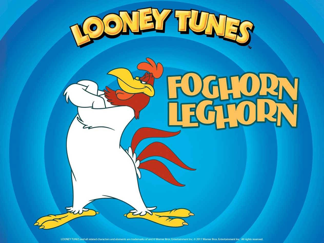 Looney Tunes 標誌中的 Foghorn Leghorn 卡通角色，帶有藍色螺旋背景。