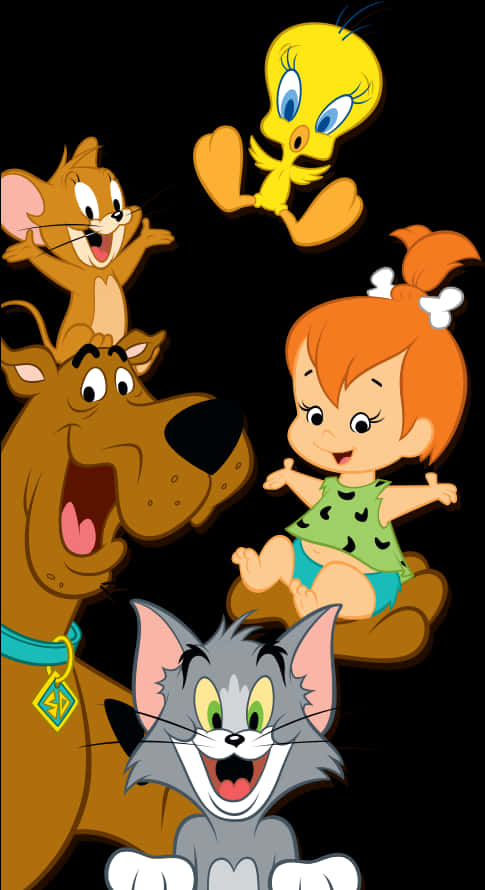 經典卡通角色同框 壁紙 — 經典卡通角色 Tom Jerry Tweety Scooby Doo 和 Pebbles 在黑色背景前愉快地擺姿勢。