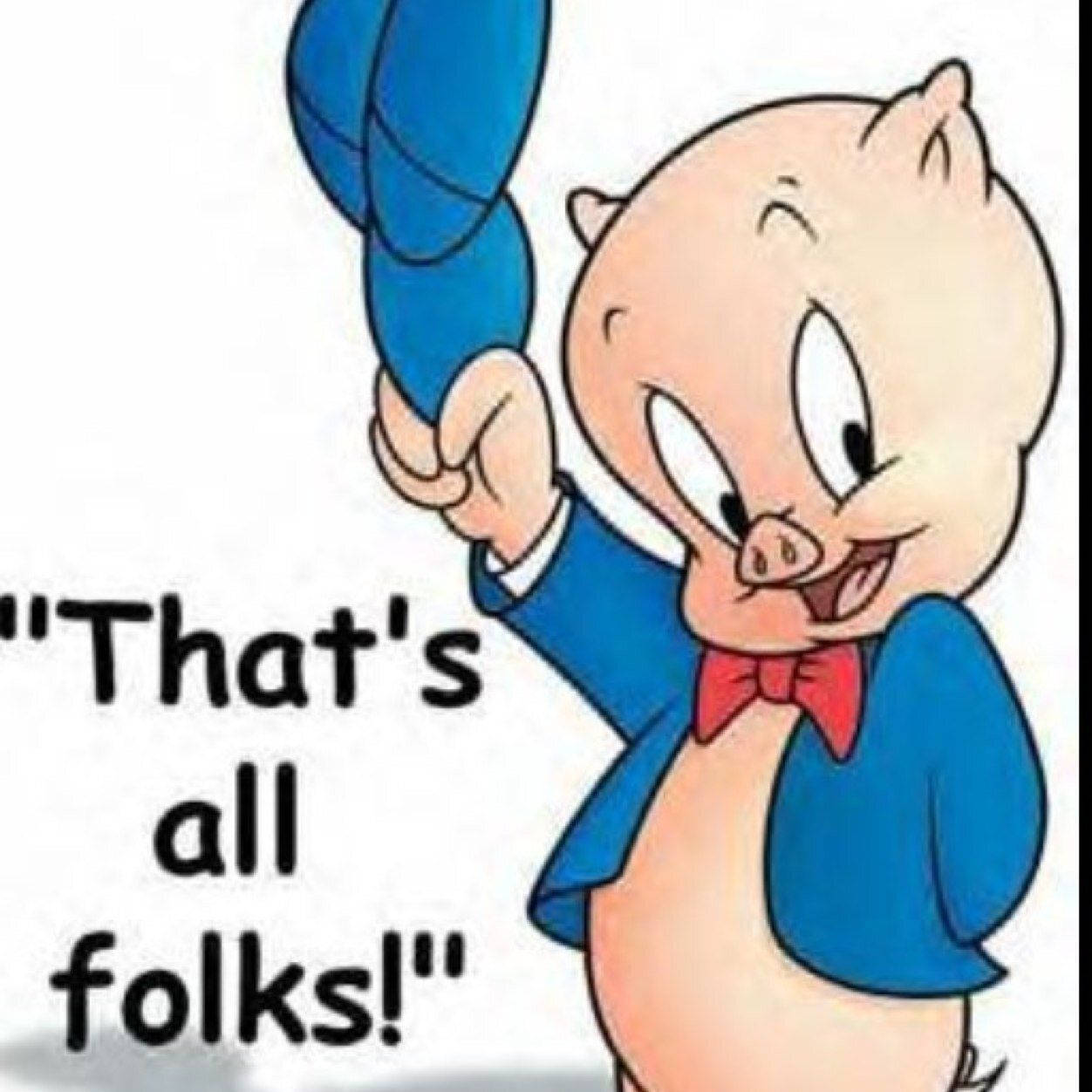 Porky Pig 「That's All Folks!」 壁紙 — 經典卡通豬穿著藍色西裝和紅色蝴蝶結，帶著愉快表情揮手告別。
