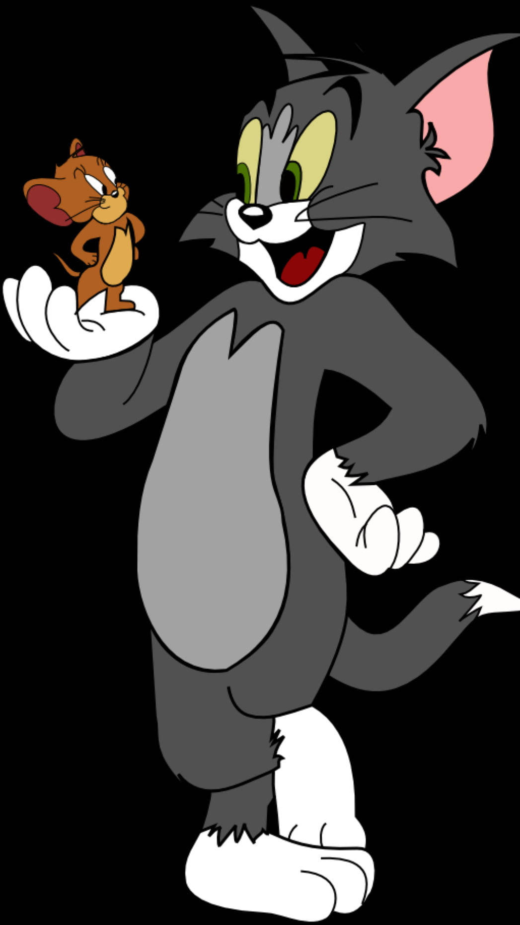 Tom 桌布 壁紙 — 經典卡通貓 Tom 用爪子抓著小老鼠 Jerry，背景是純黑色。