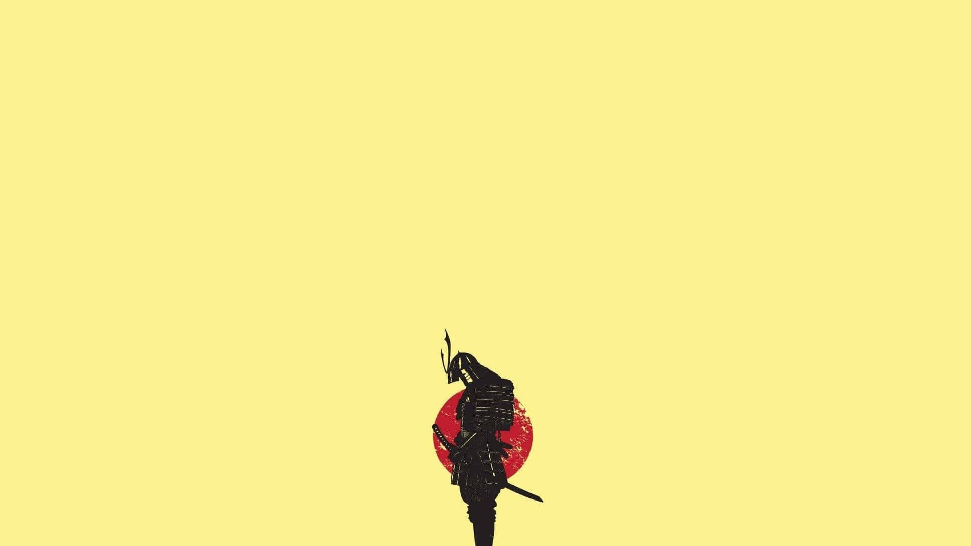 黑色武士持劍，背景為黃色上的紅色太陽。