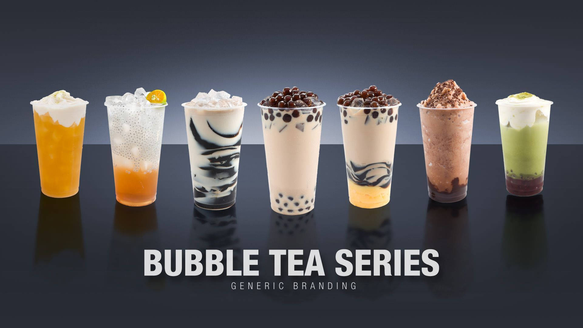經典口味珍珠奶茶 壁紙 — 六杯色彩繽紛的珍珠奶茶，搭配各種配料和顏色，排列在深色反光表面上。