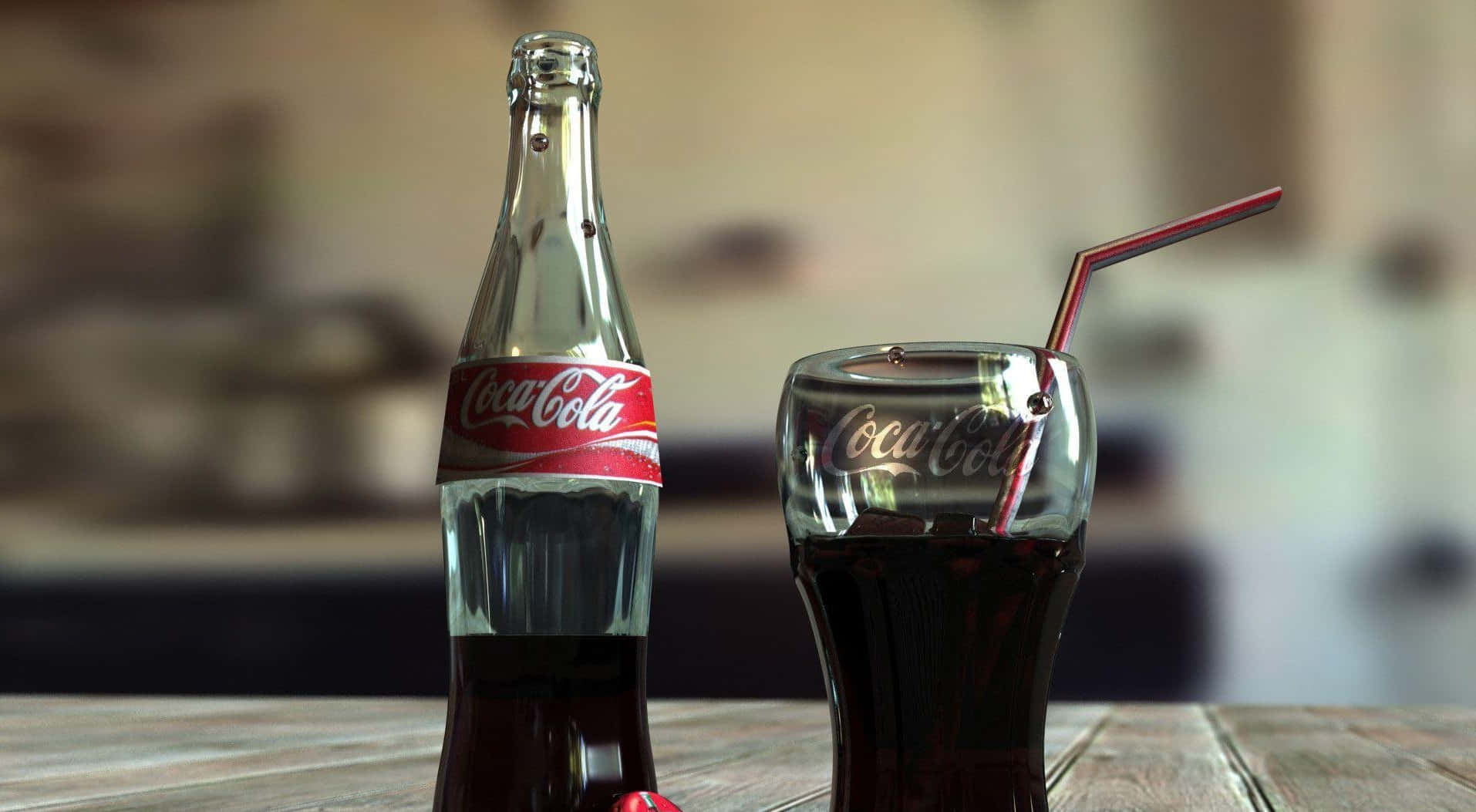 coca cola 桌布 壁紙 — 經典可口可樂樽和帶紅色飲管的玻璃杯放在木桌上，室內光線柔和。