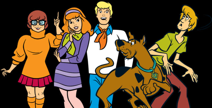 經典史酷比團隊 壁紙 — 經典卡通角色史酷比和他的朋友們在黑色背景前擺姿勢，帶有粗線條和鮮豔色彩。