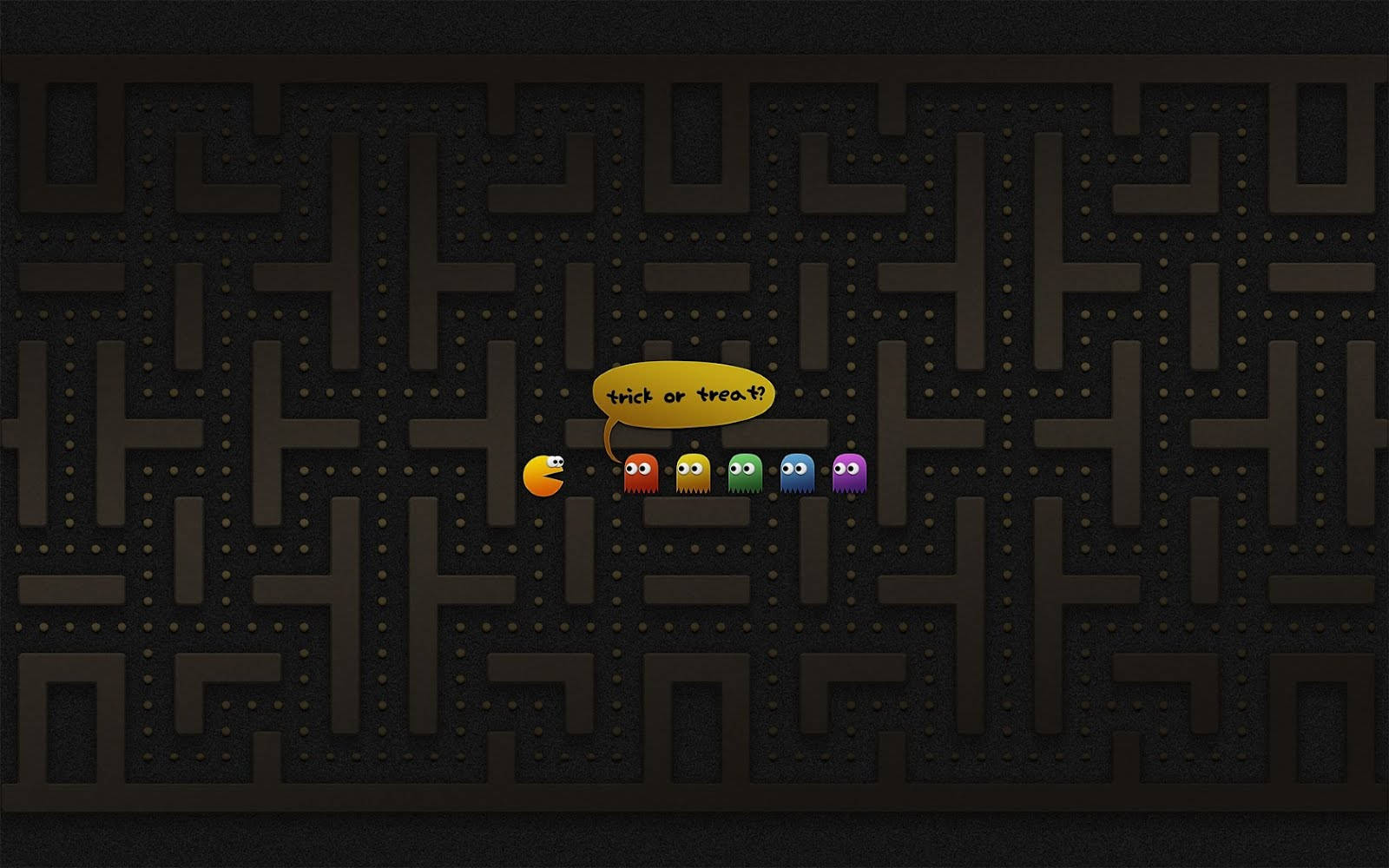 Pac-Man 和幽靈在萬聖節迷宮中問 trick or treat。