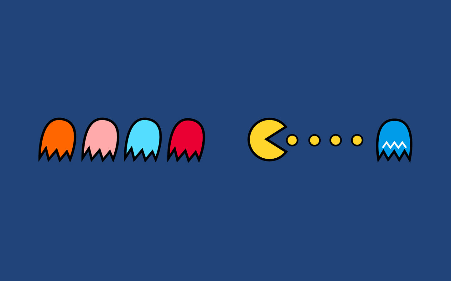 經典街機遊戲中的 Pacman 和鬼魂，藍色背景