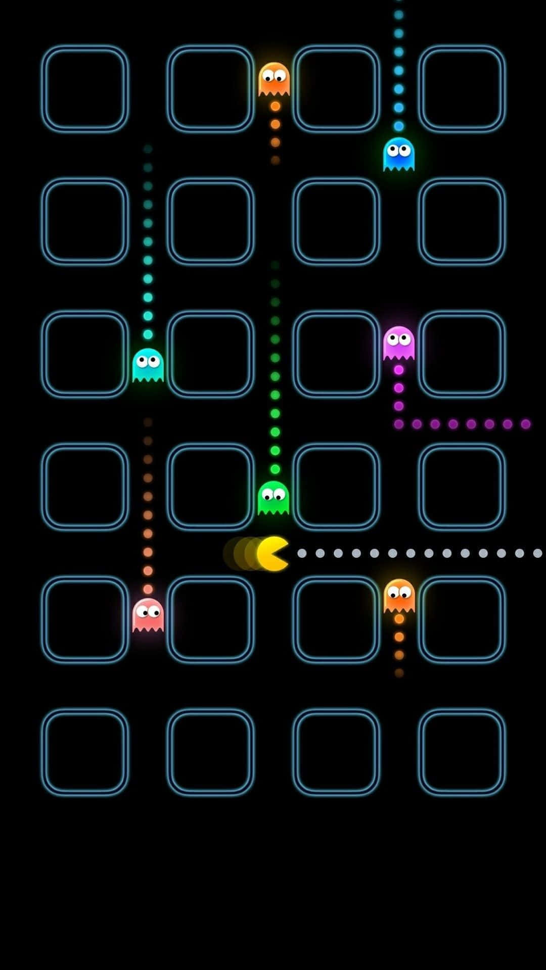 在經典街機遊戲中，Pacman 在發光網格上追逐鬼魂。