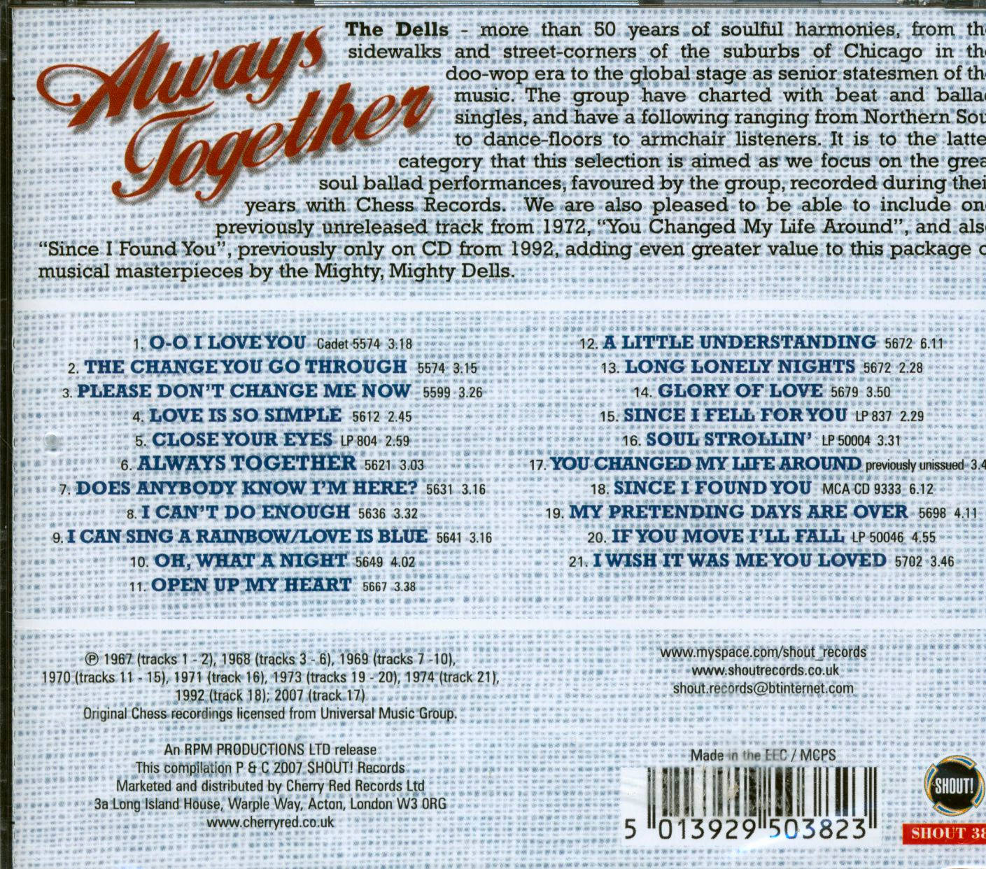 The Dells 的合輯《Always Together》的專輯背面，附有曲目列表和內頁說明。