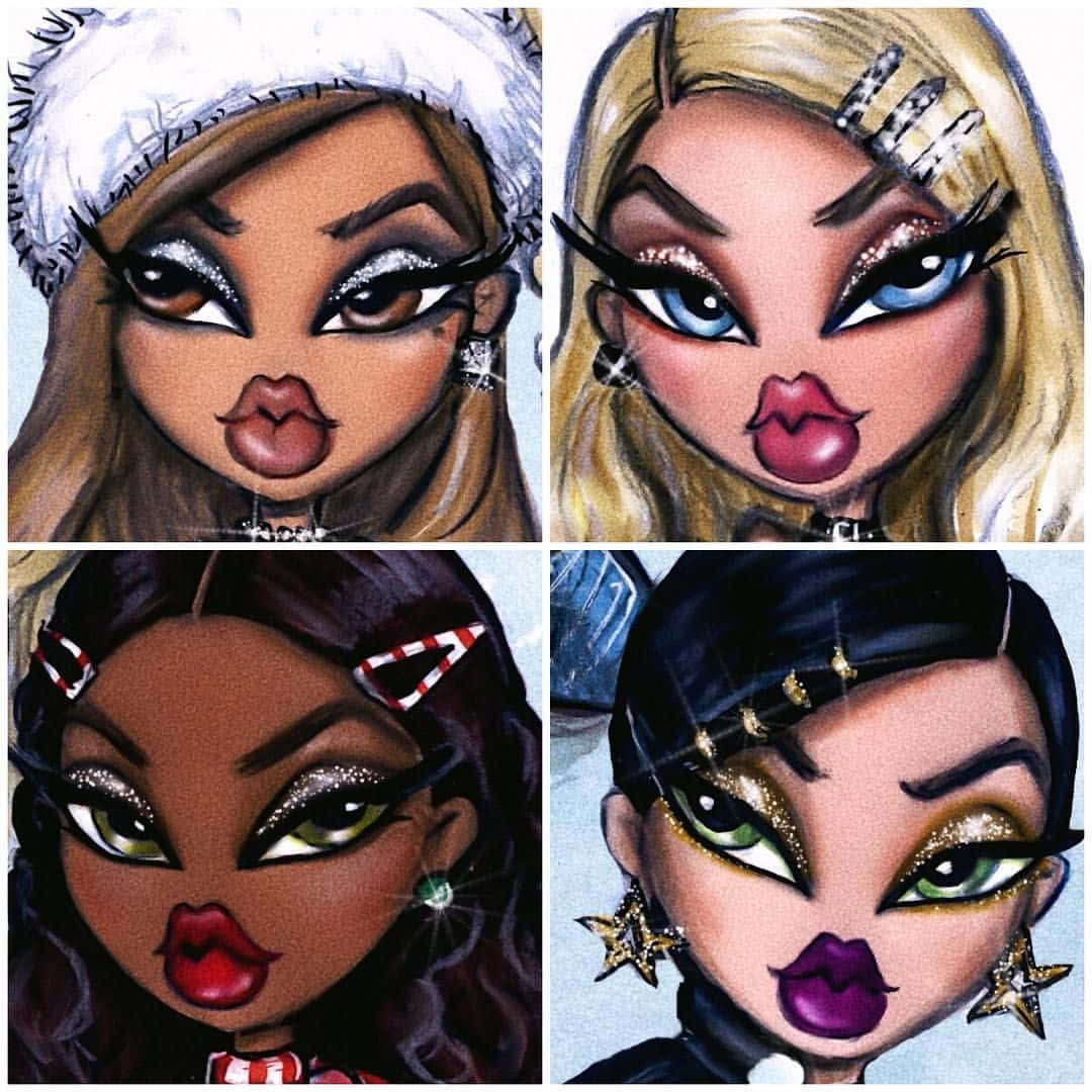 四個插圖化的 Bratz 娃娃，帶有鮮豔的化妝和星星配飾。 — Bratz風格 壁紙