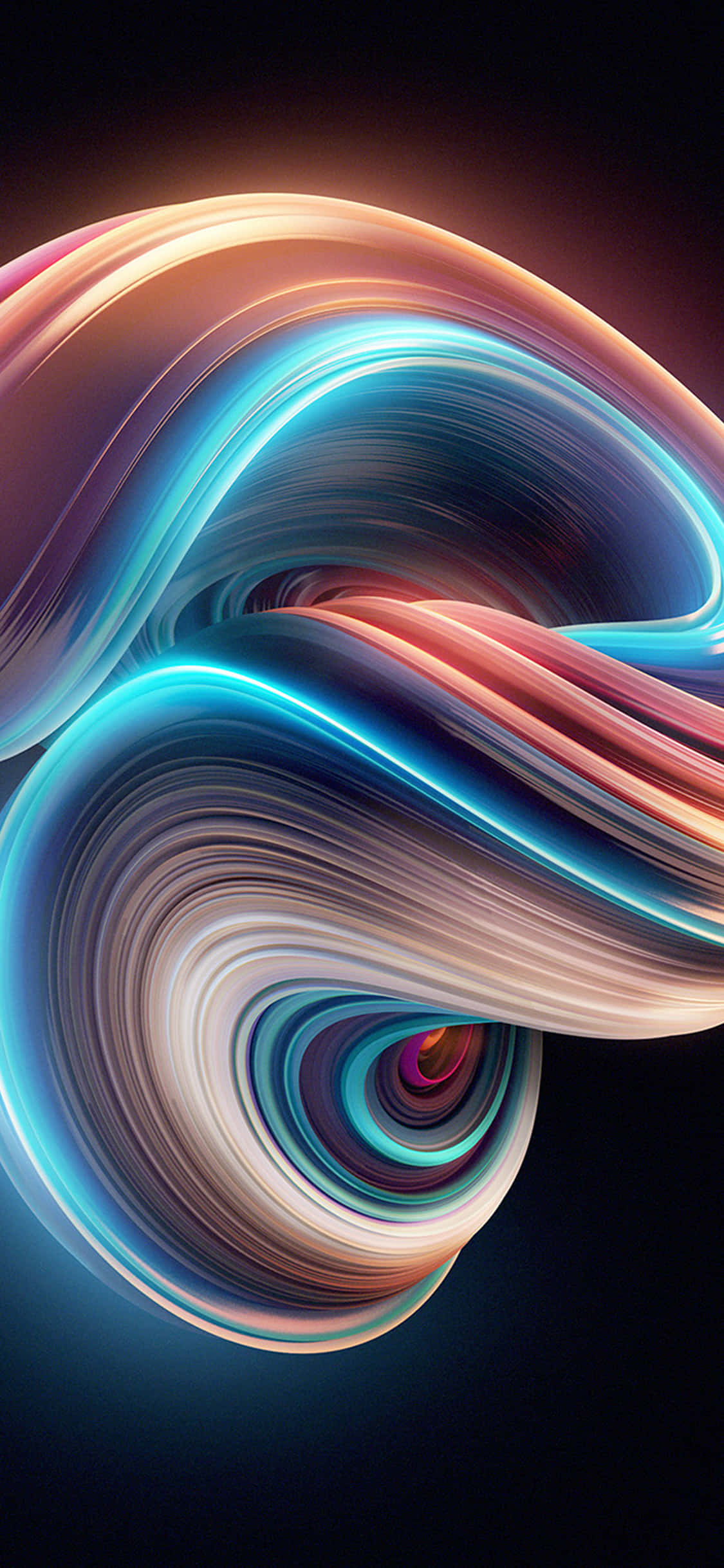 經典圖形 iPhone 壁紙 — 充滿活力的霓虹絲帶在黑暗背景上的宇宙漩渦中旋轉，創造出動態的數碼抽象。