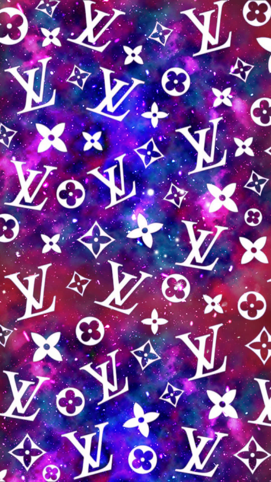 帶有白色 Louis Vuitton 字母圖案和花卉圖案的宇宙星系背景。