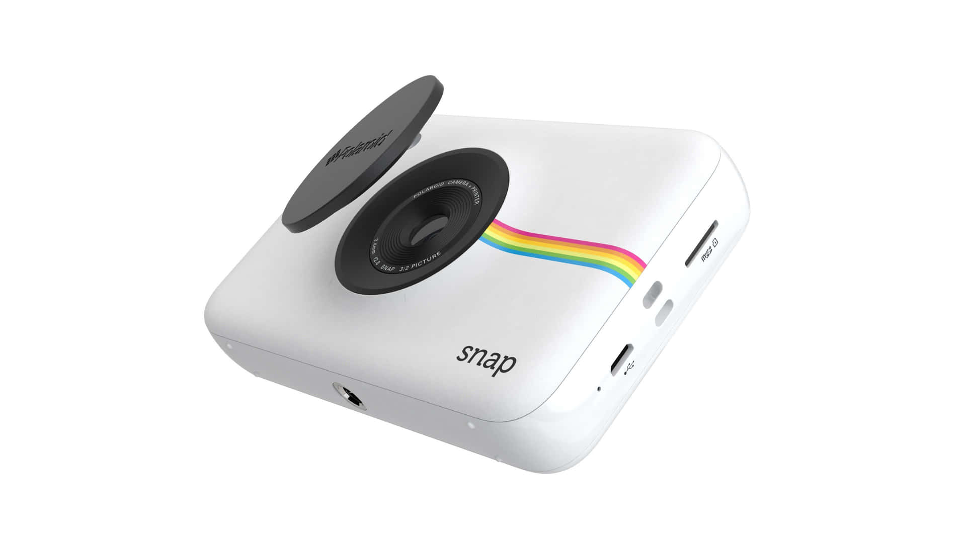 白色Polaroid Snap即影即有相機，帶有彩虹條紋和打開的鏡頭蓋。