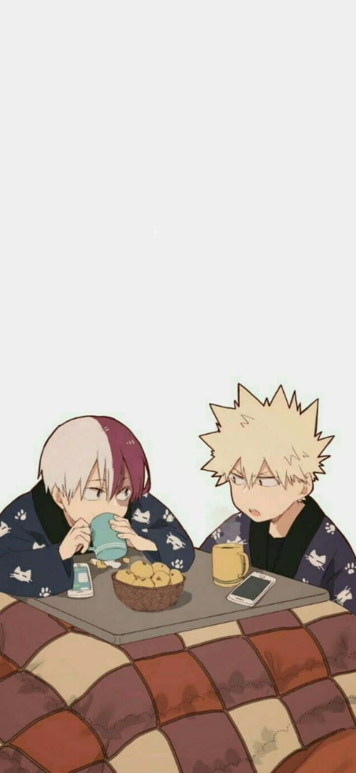 「經典對決 - Todobaku」My Hero Academia 精彩瞬間 壁紙 — 兩個穿著睡衣的動漫角色坐在格仔床上，在舒適的室內場景中分享零食和飲料。