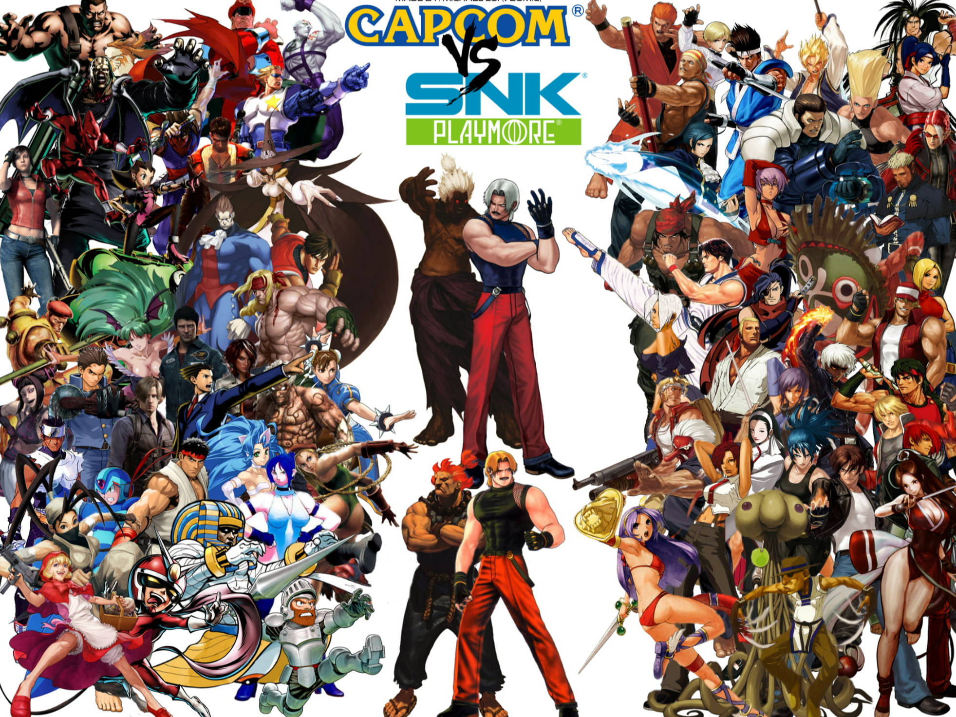 經典對決場景 - Capcom VS. SNK海報 壁紙 — 一幅充滿活力的拼貼畫，展示了 Capcom 和 SNK 標誌性格鬥遊戲角色在白色背景上的動態姿勢。