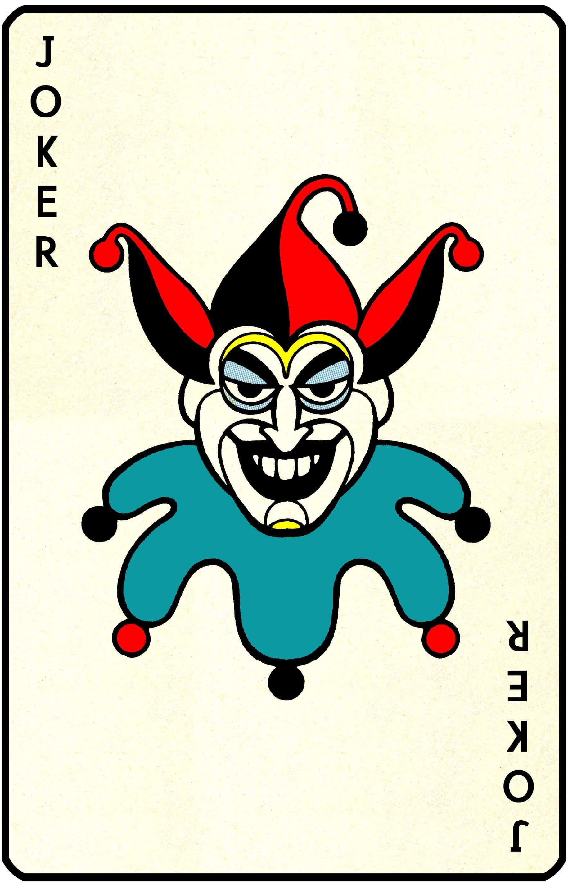 Joker Card 桌布 壁紙 — 經典小丑啤牌，奶油色背景上有一個咧嘴笑的丑角，戴著紅黑帽子和藍綠色服裝。