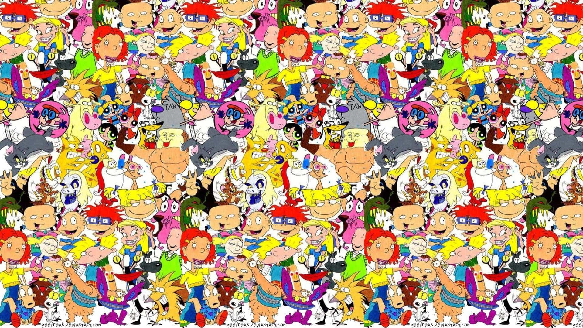 以 Rugrats 和 Powerpuff Girls 卡通角色重複圖案為特色的壁紙。