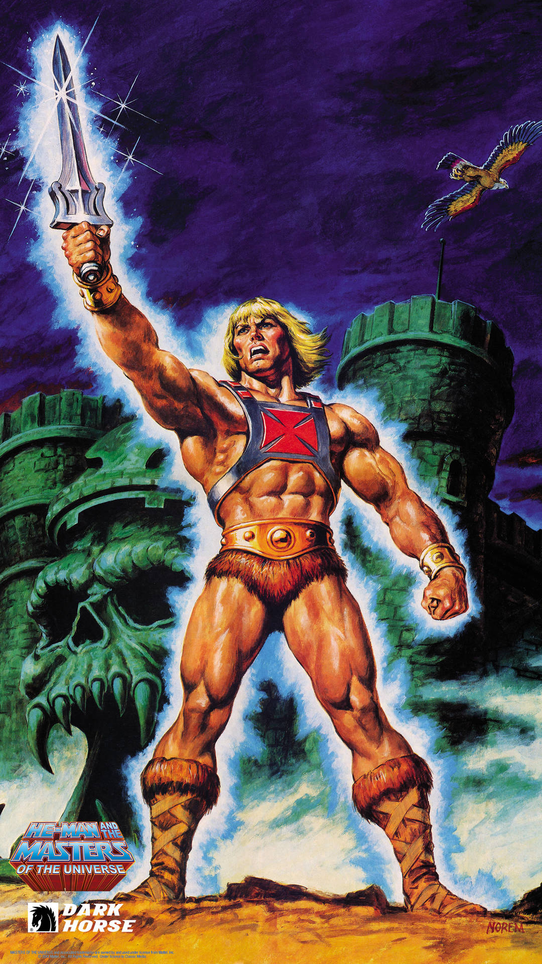 He-Man 在城堡前手持發光的劍，一隻鳥在上方飛翔。