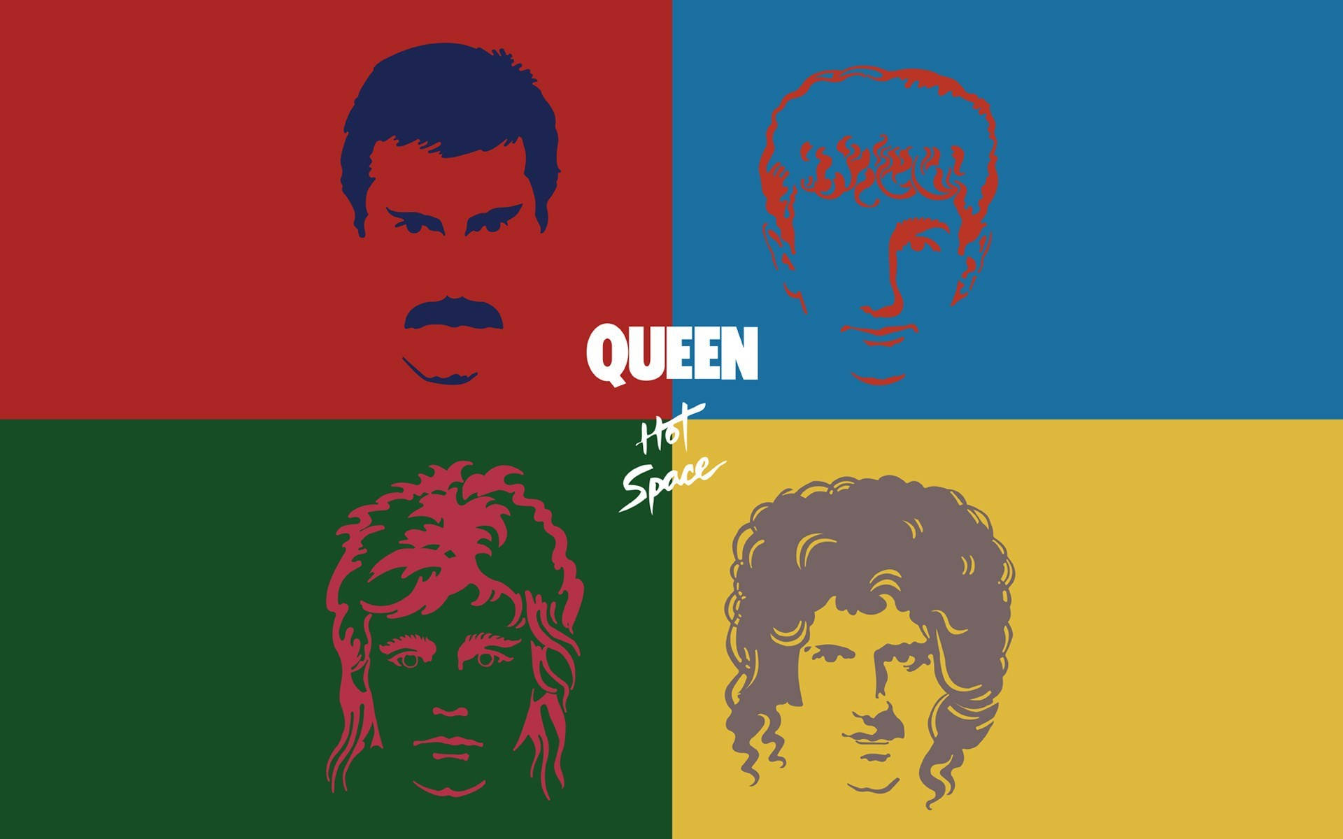 Queen樂隊成員的Pop art海報，在彩色背景上帶有專輯標題Hot Space。