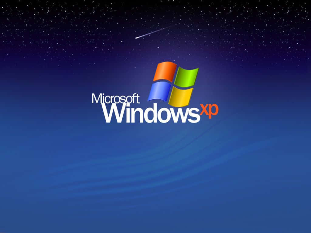 Windows XP 標誌在繁星點點的夜空下，伴隨著一顆流星。