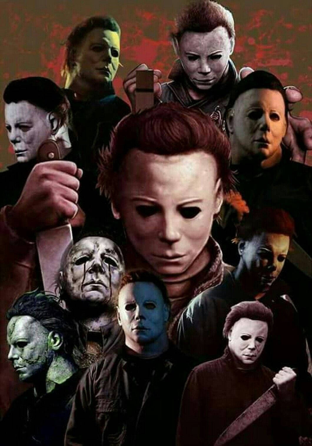 經典恐怖人物麥克邁爾斯 壁紙 — 《月光光心慌慌》電影中 Michael Myers 的拼貼畫，每個版本都拿著刀，背景是血跡斑斑的紅色。