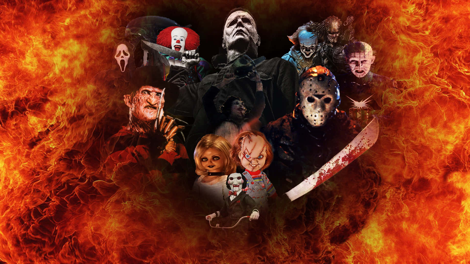 火焰中的恐怖電影怪物，包括 Freddy、Jason 和 Chucky。
