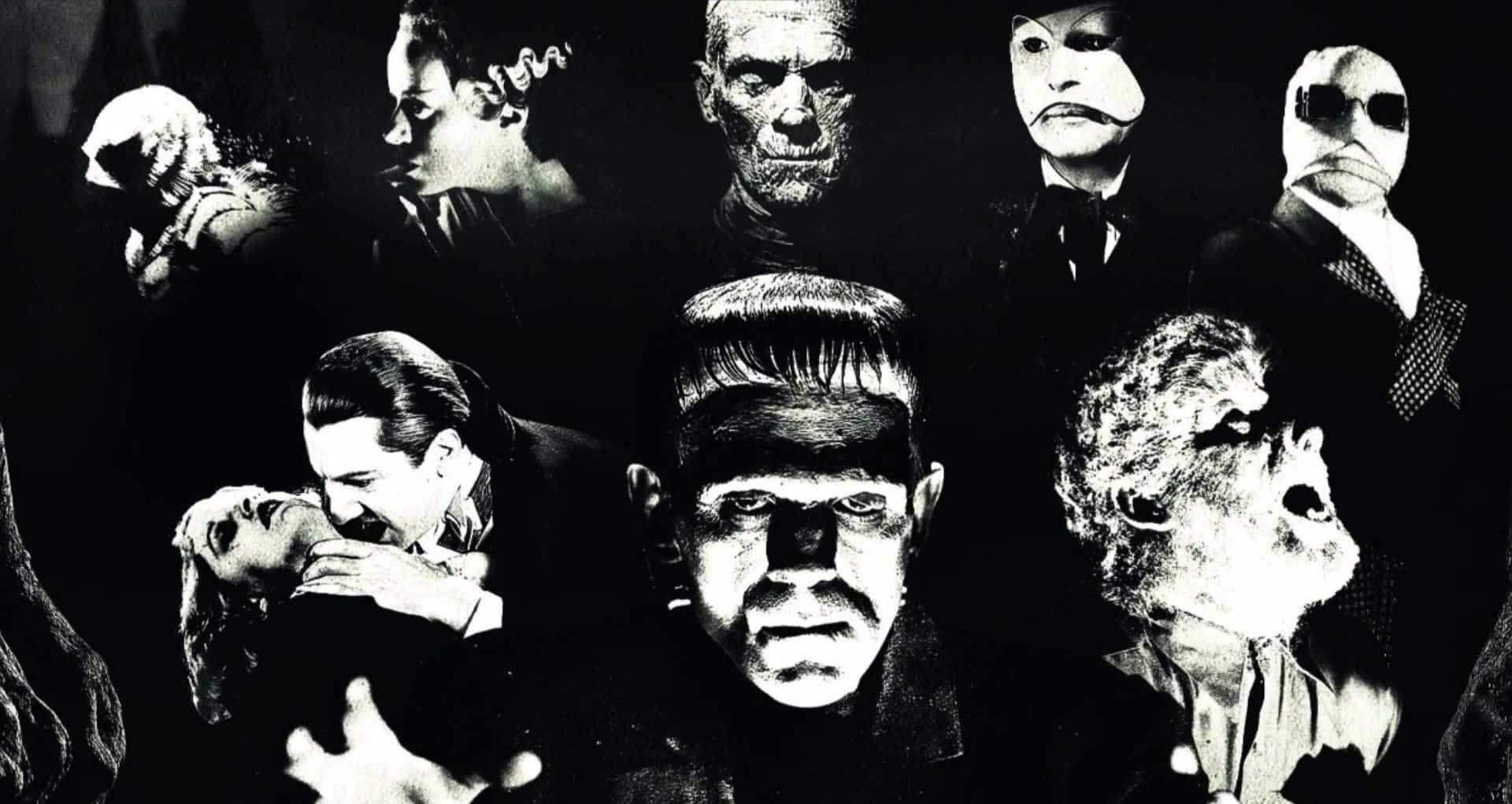 Classic Movie 桌布 壁紙 — 經典恐怖電影怪獸的黑白拼貼畫，包括科學怪人和木乃伊的戲劇性姿勢。