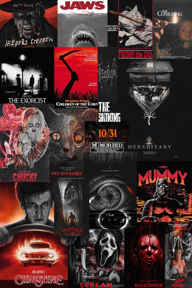 Scary Movies 桌布 壁紙 — 經典恐怖電影海報的拼貼，特色是血淋淋的臉孔、怪獸般的生物和不祥的場景。