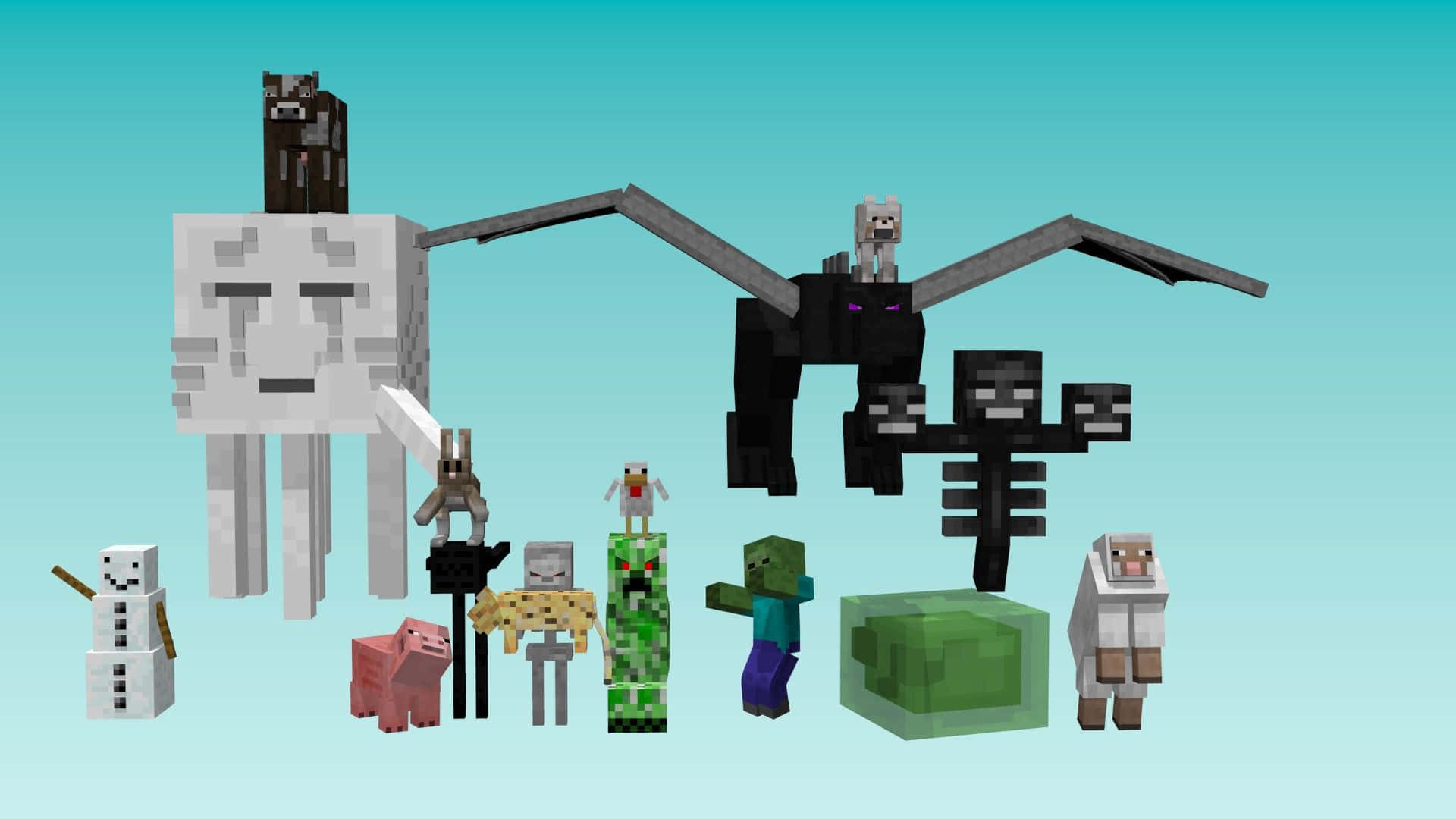 塊狀像素風格的Minecraft角色，包括雪人、殭屍豬人和蝙蝠。