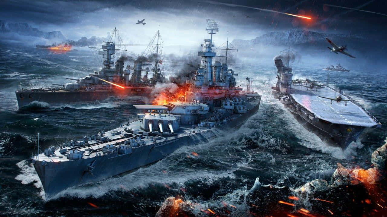 經典戰艦棋盤遊戲 壁紙 — 艦隊在波濤洶湧的海上交戰，戰艦發射大炮，飛機在熾熱的爆炸和烏雲中俯衝。