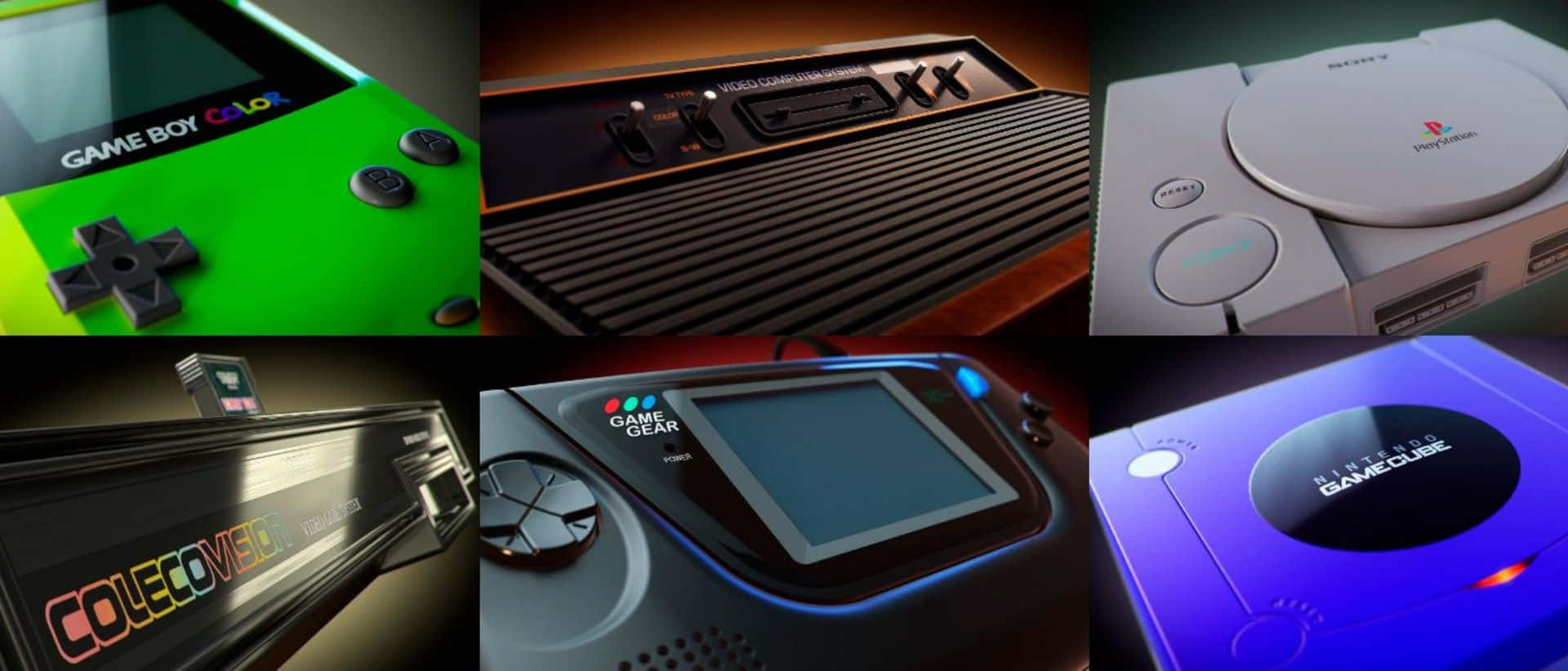 Gaming Consoles 桌布 壁紙 — 經典手提遊戲機和主機遊戲裝置（如 Game Boy Color 和 PlayStation）的拼貼畫，搭配鮮豔燈光。