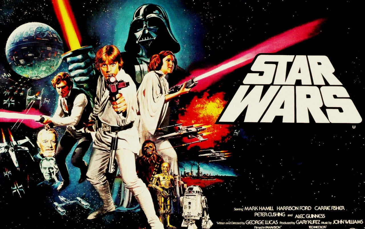 A New Hope 桌布 壁紙 — 經典星戰海報， featuring Luke、Leia、Han 和 Darth Vader， amidst 太空戰鬥和標誌性機械人。