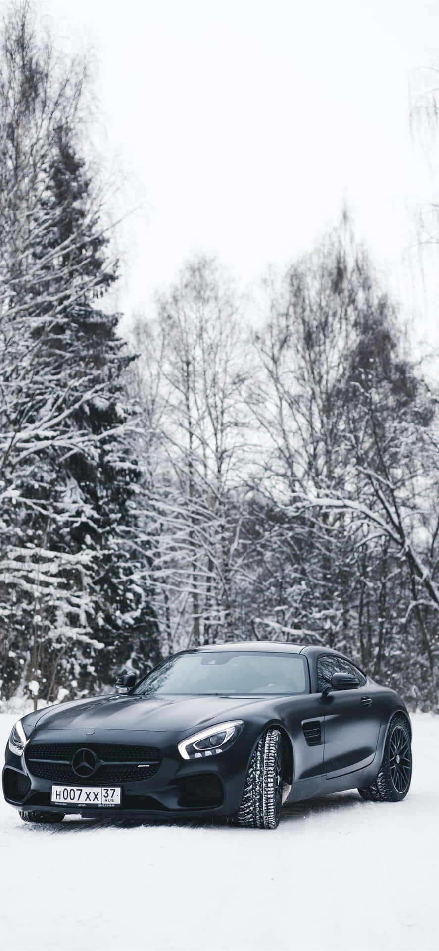 黑色跑車停泊在白雪覆蓋的森林中，樹木被雪覆蓋。