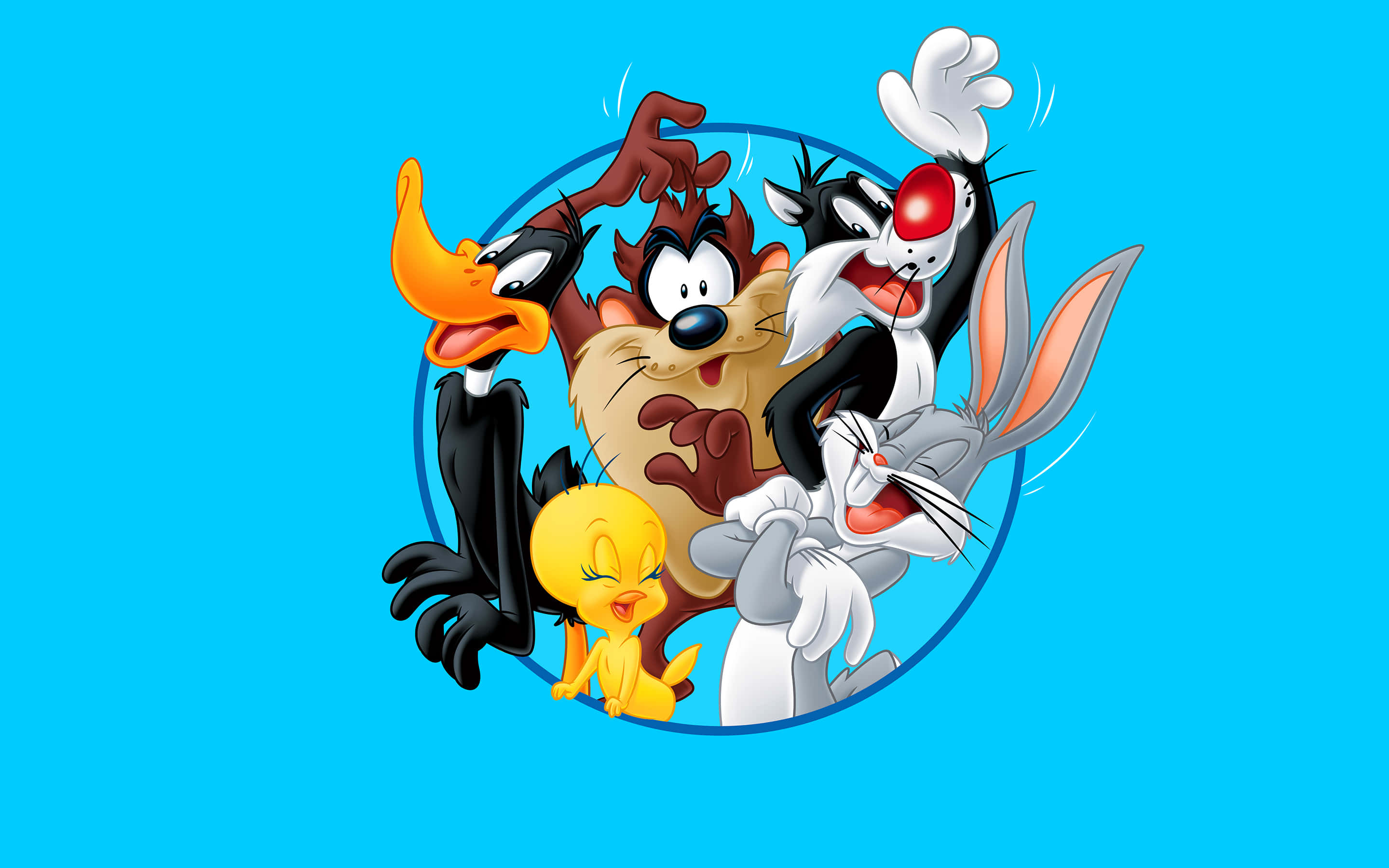 經典樂一通 壁紙 — 經典 Looney Tunes 角色如賓尼兔、達菲鴨和翠兒鳥在純藍色背景前充滿活力地擺姿勢。