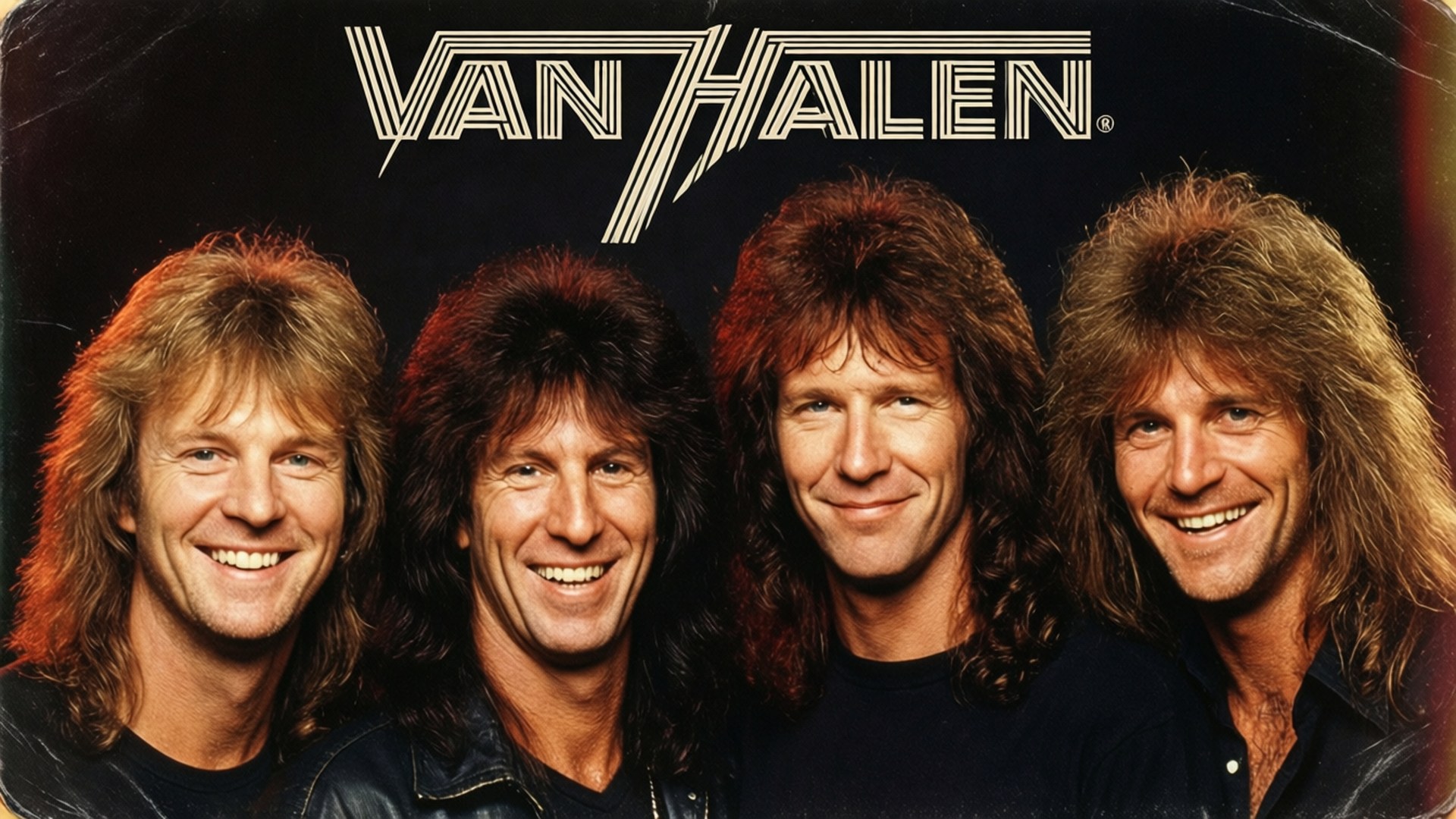 Van Halen 樂隊照片，四位微笑的成員和上方標誌
