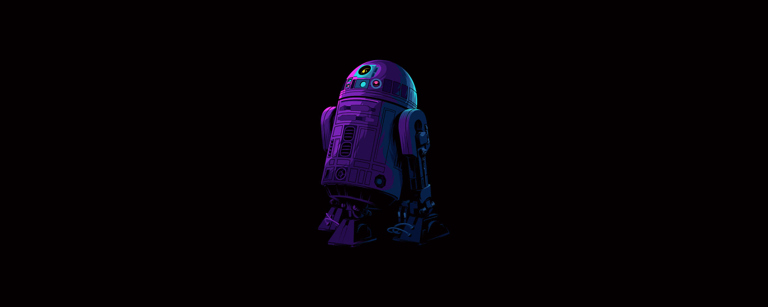 經典機器人R2-D2 壁紙 — 一個發光的紫色和藍色機械人獨自站在漆黑的背景上，帶有霓虹燈光。