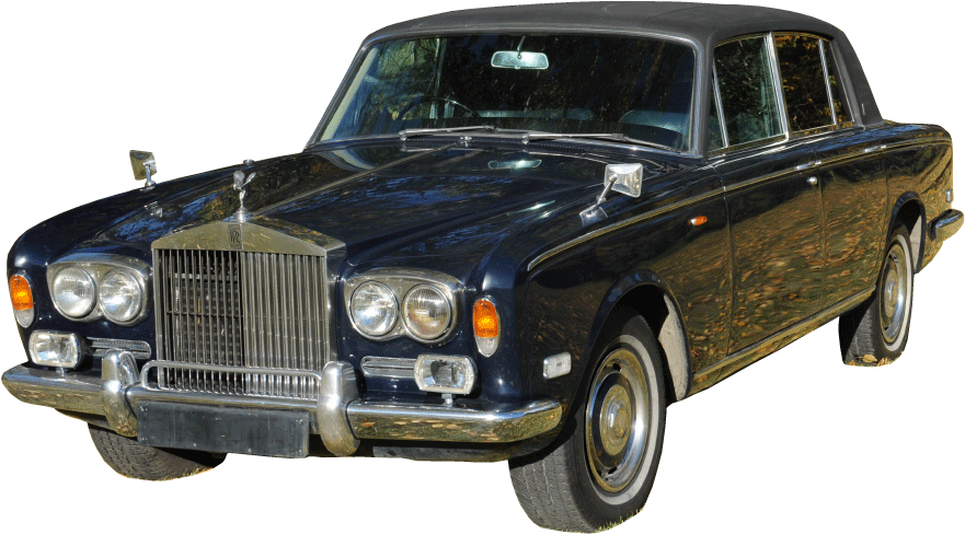 經典款勞斯萊斯古董車 壁紙 — 一輛光澤黑色復古勞斯萊斯，帶有鍍鉻裝飾和經典格柵，孤立在透明背景上。