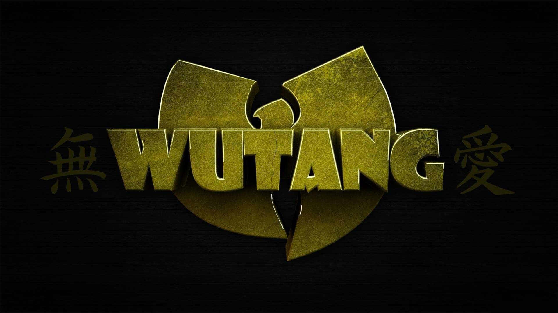 金色Wutang Clan標誌帶有中文字在黑色背景上。