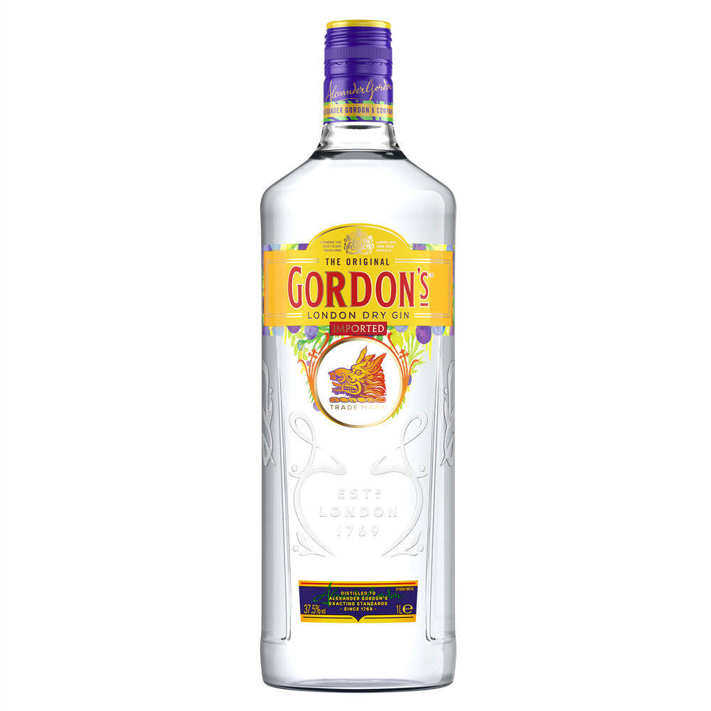 一個Gordon's London Dry Gin酒樽，有紫色蓋同色彩繽紛嘅標籤。