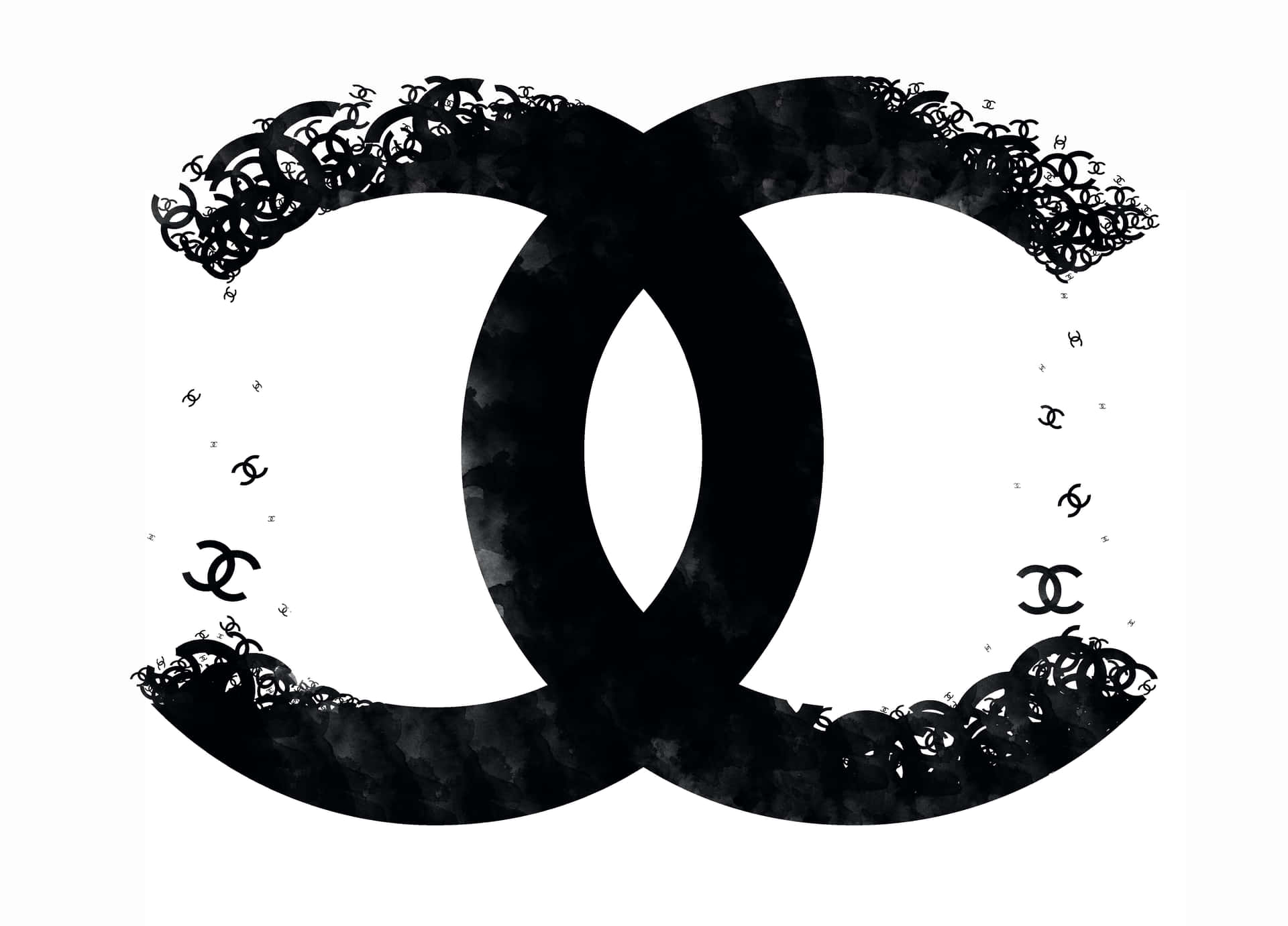 白色背景上帶有裝飾性漩渦的黑色 Chanel 標誌