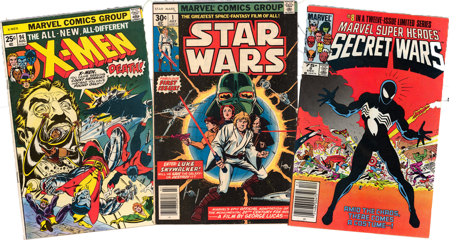 經典漫威漫畫封面 壁紙 — 三張復古Marvel漫畫封面， featuring X-Men Death、Star Wars和Secret Wars，色彩大膽，動作場面動感十足。