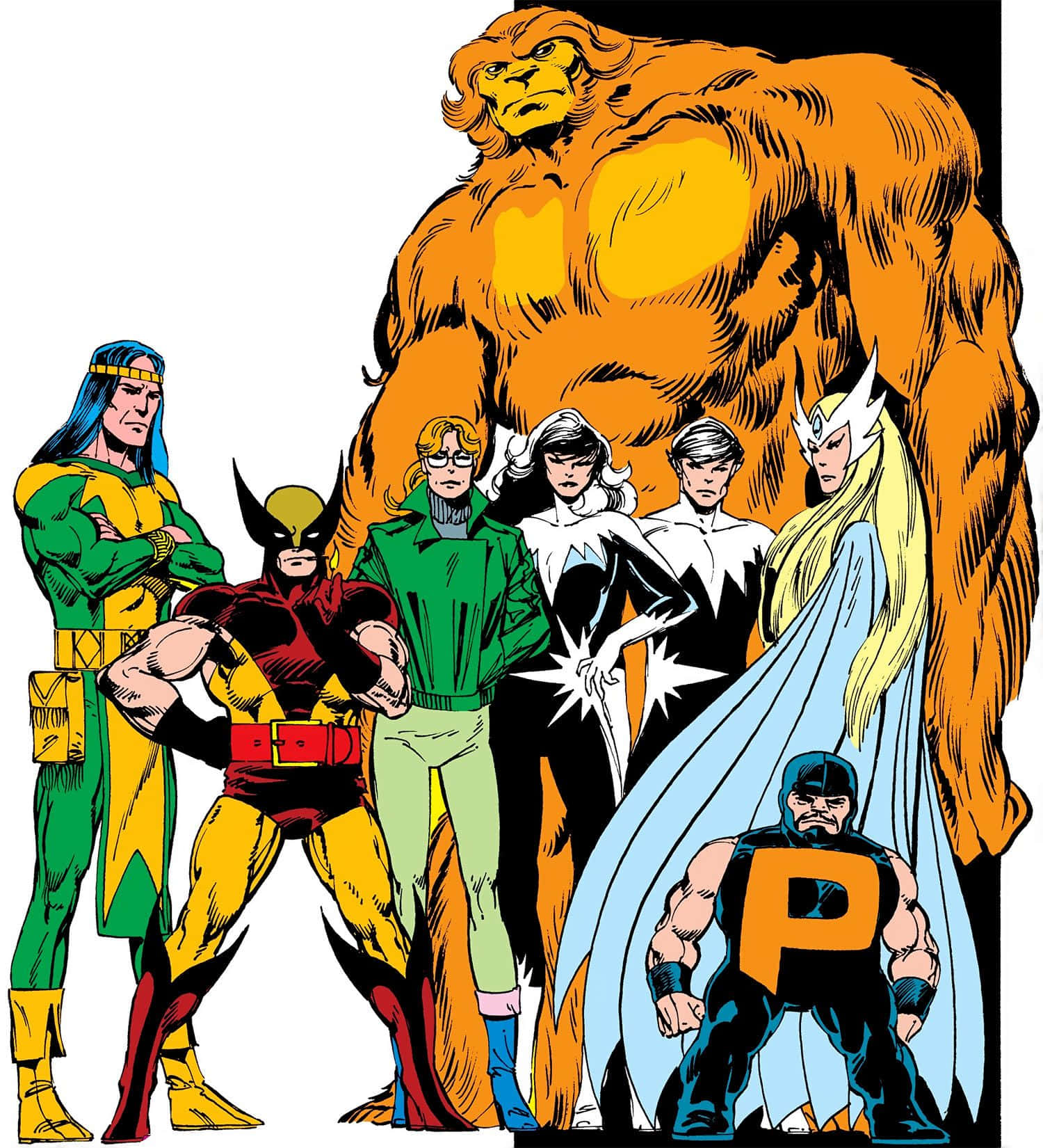 Alpha Flight 桌布 壁紙 — 經典漫畫書插圖，X-Men 團隊身後聳立著 Beast。