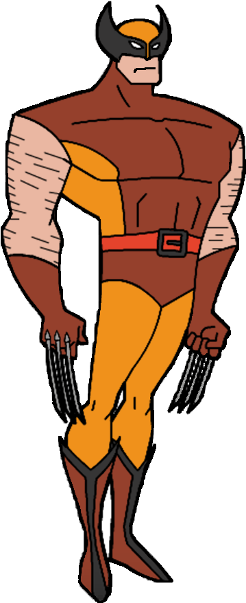 經典漫畫版金鋼狼姿勢 壁紙 — 一個卡通風格的狼人（Wolverine）以英雄姿勢站立，伸出爪子，穿著他標誌性的棕色和黃色服裝。