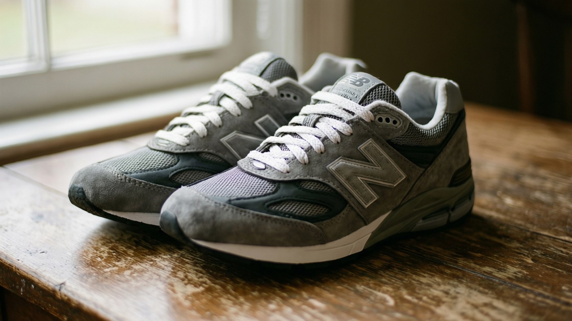 灰色 New Balance 運動鞋配白色鞋帶在木窗台上。